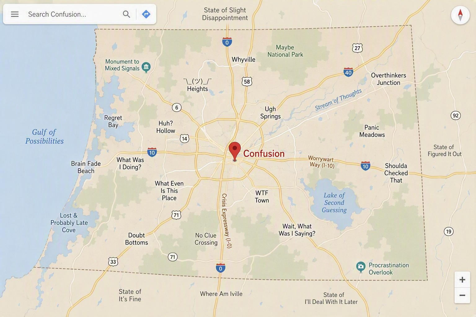 Fiction map image showing Spare Thoughts location in the vicinity of Confusion.