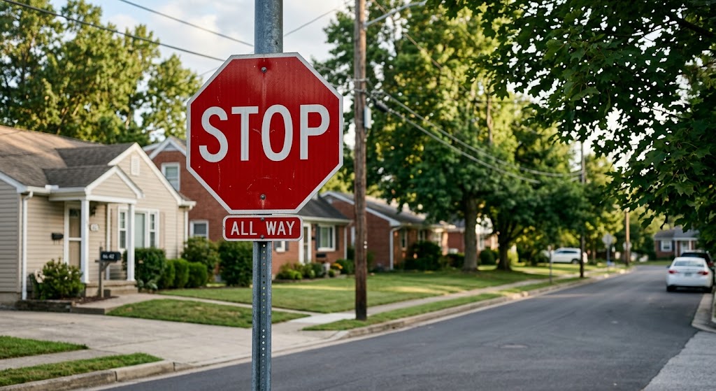 Close-up photo of a stop sign in a suburban neighborhood.