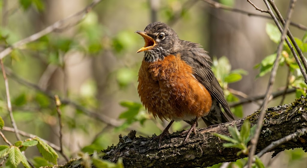 Photo of a red-breasted robin singing aggressively