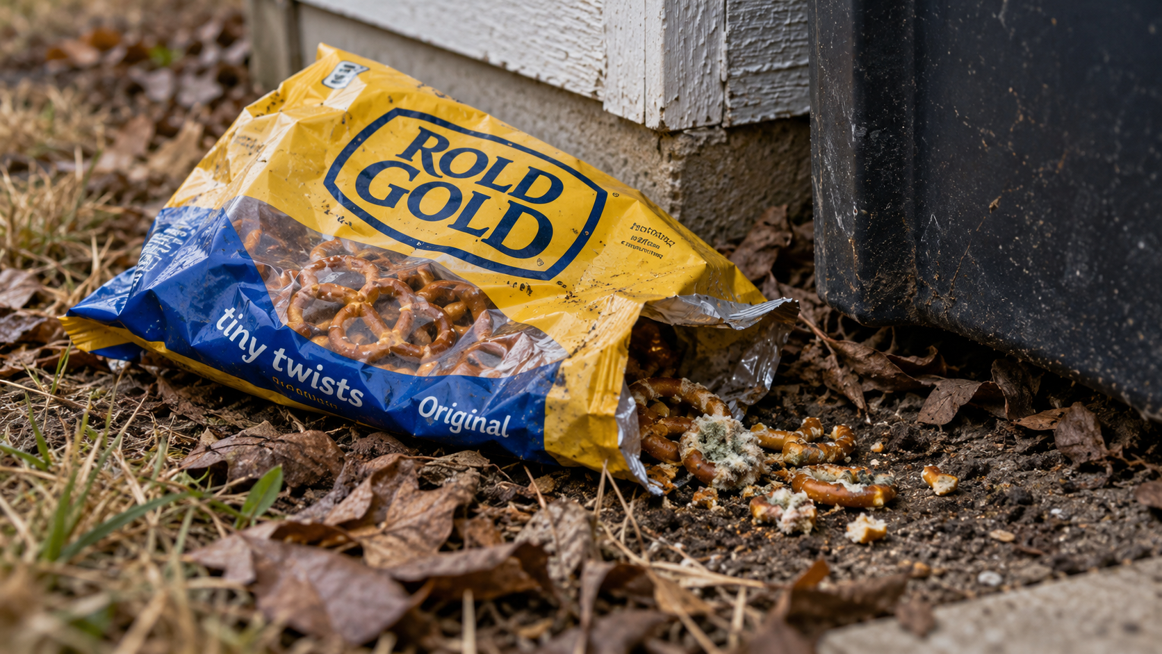 Close-up photo of a bag of Rold Gold pretzels with a few moldy bits spilling out among dead leaves and yellow grass behind a trash can.