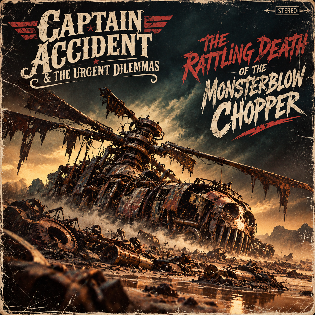 Fictional album cover featuring an imaginary band called "Captain Accident and the Urgent Dilemmas" and a made-up album titled "The Rattling Death of the Monster-blow Chopper".